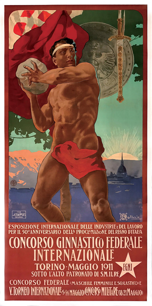 Concorso Ginnastico Federale Internazionale Vintage Poster Reproduction: Torino 1911 – Commemorating Italy’s 50th Anniversary of the Proclamation of the Kingdom with Dynamic Athletic Imagery