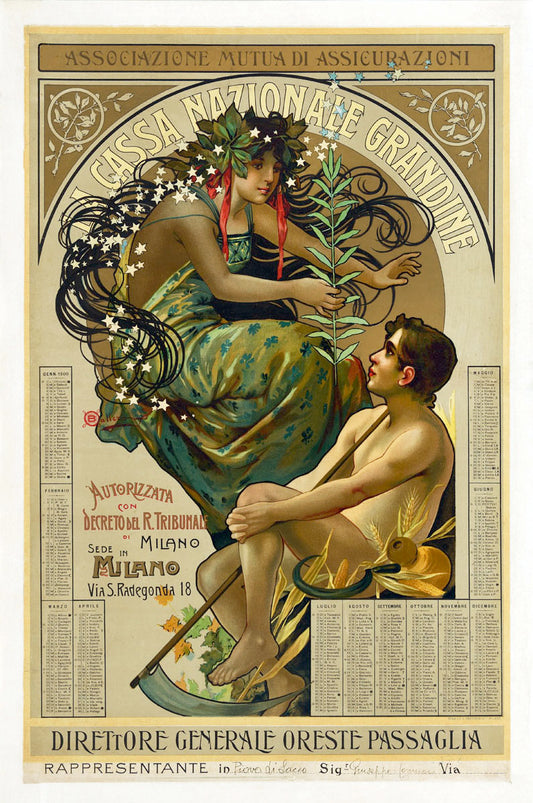 Art Nouveau Vintage Italian Poster: Cassa Nazionale Grandine Mutual Insurance Advertisement – Featuring Classical Allegory of Protection, Milano, 1900