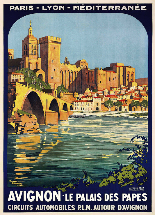 Vintage 1921 Avignon Travel Poster: Roger Broders' Depiction of Palais des Papes and the Rhône River – A Classic Paris-Lyon-Méditerranée Advertisement