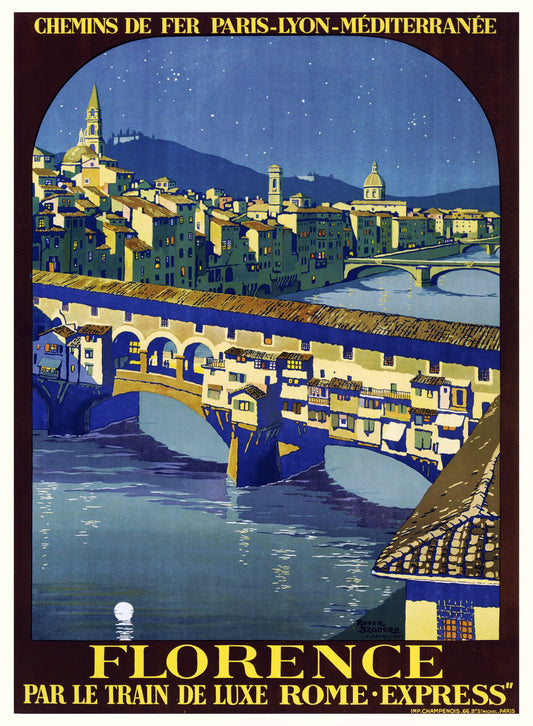 Vintage 1921 Florence Travel Poster: Paris-Lyon-Méditerranée Train de Luxe, Featuring Ponte Vecchio at Night – An Iconic Art Deco Masterpiece by Roger Broders