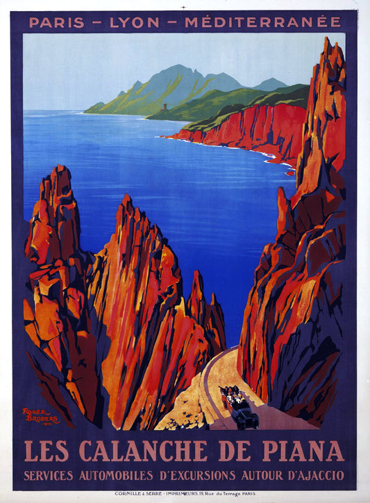 1920s Roger Broders Vintage Travel Poster: Les Calanche de Piana – Scenic Corsican Cliffs and Coastal Drive via Paris-Lyon-Méditerranée