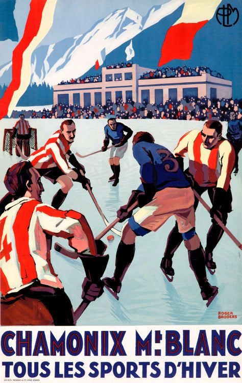 Vintage Chamonix Mont Blanc Winter Sports Poster by Roger Broders: 1930s Ice Hockey Match at the Foot of Mont Blanc, Art Deco Design