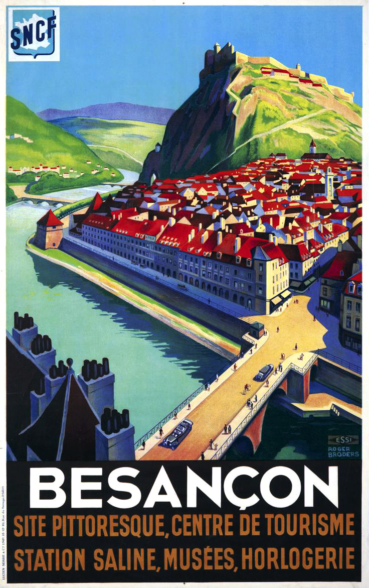 Vintage Besançon Travel Poster by Roger Broders: SNCF Advertisement Featuring the Citadel and Picturesque Landscape of Franche-Comté, 1930s