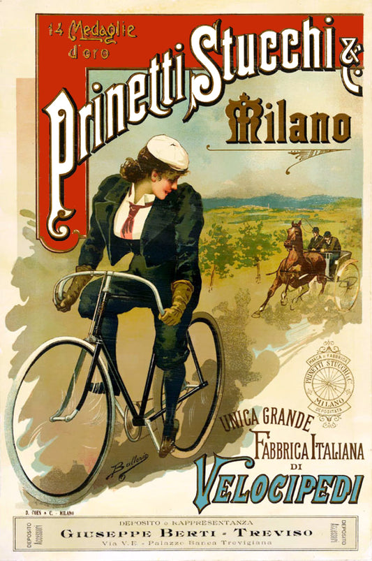 Vintage Poster Reproduction: Prinetti Stucchi & C. Bicycle Advertisement – 14 Medals of Gold Featuring Italian Art Nouveau Cycling Design from Early 1900s Milano