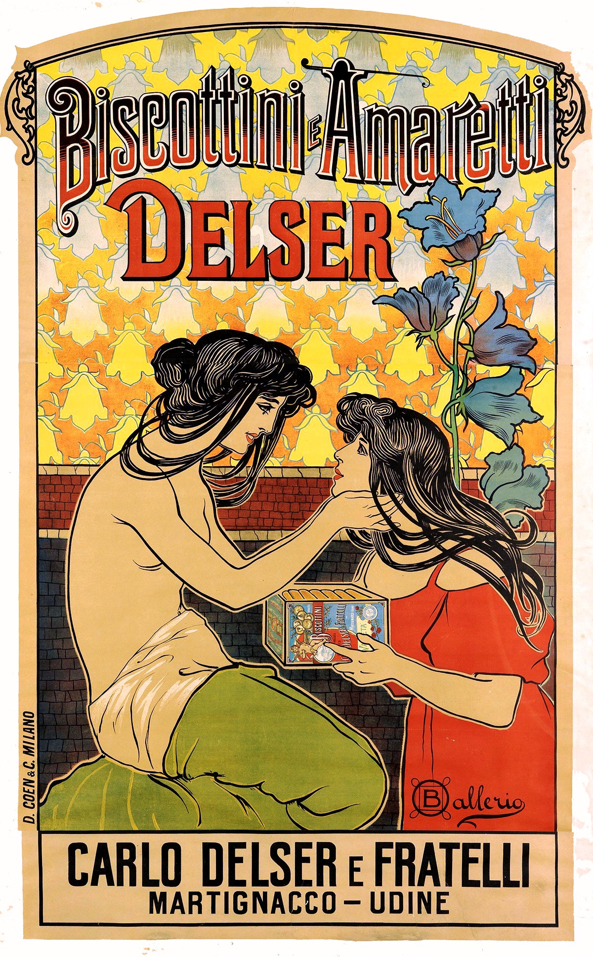 Vintage Poster Reproduction: Biscottini e Amaretti Delser Advertisement – Early 1900s Italian Art Nouveau Poster by Ballerio Featuring Delicate Floral Motifs and Elegantly Draped Figures