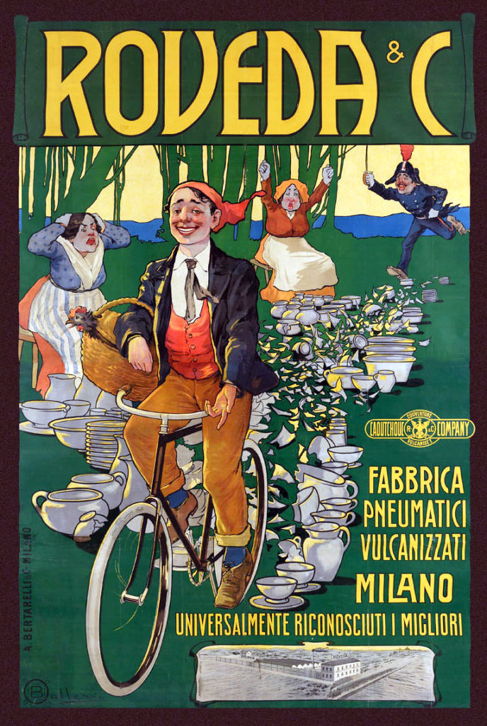 Vintage Poster Reproduction: Roveda & C – 1910s Italian Bicycle Tire Advertisement Featuring Vibrant Artwork by Ballerio