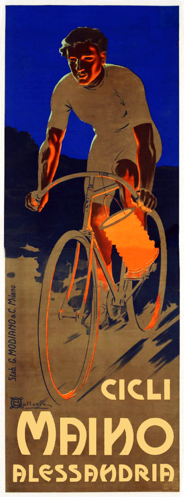 Vintage Poster Reproduction: Cicli Maino Alessandria – 1920s Italian Nighttime Cycling Advertisement