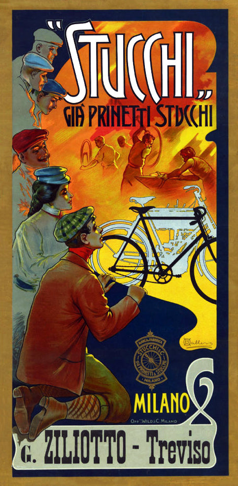 Vintage Poster Reproduction: Stucchi Bicycle Advertisement – 1910s Italian Cycling Poster by Ballerio Featuring Elegant Riders and Dynamic Composition