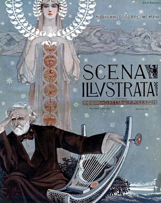 Scena Illustrata November 1913 Vintage Poster Reproduction: Ezio Anichini’s Tribute to Giuseppe Verdi with Allegorical Figure of Opera and Art Nouveau Elements