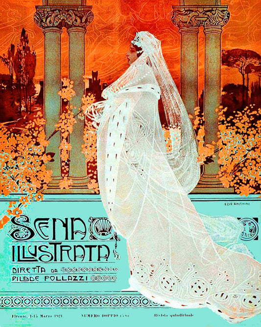 Scena Illustrata March 1921 Vintage Poster Reproduction: Ezio Anichini’s Ethereal Noblewoman in a Veil Amidst Classical Columns and Fiery Background