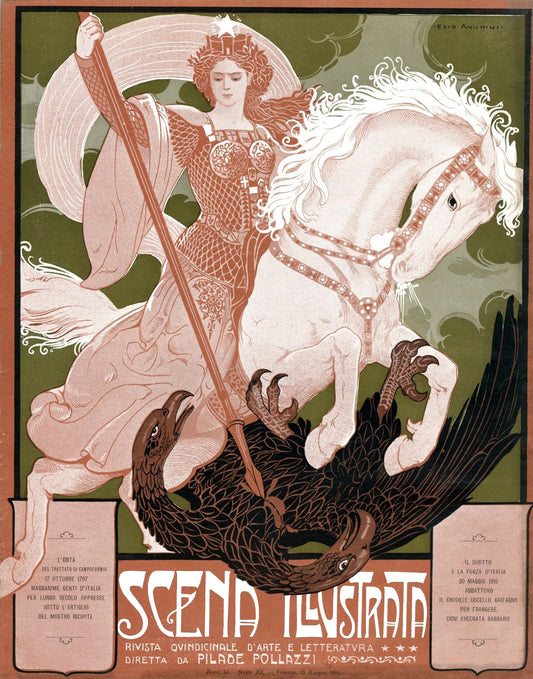 Scena Illustrata June 1916 Vintage Poster Reproduction: Ezio Anichini’s Art Nouveau Warrior Goddess Triumphing Over the Black Two-Headed Eagle