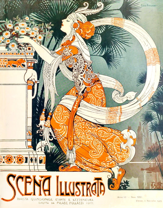 Scena Illustrata November 1915 Vintage Poster Reproduction: Ezio Anichini’s Art Nouveau Offering of Flowers and Serenity"