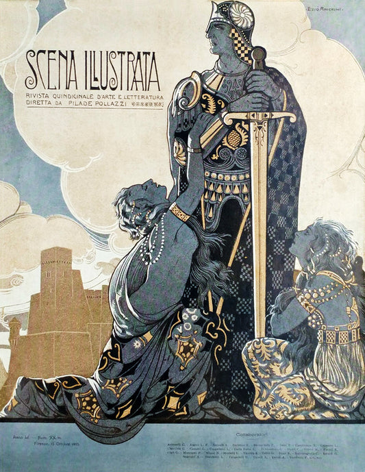 Scena Illustrata October 1915 Vintage Poster Reproduction: Ezio Anichini’s Art Nouveau Warrior with Supplicants in a Castle Setting