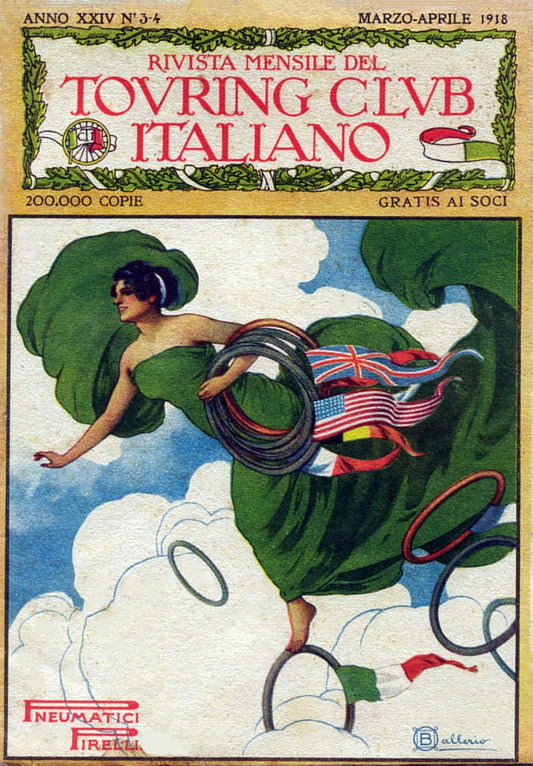 Vintage Touring Club Italiano Magazine Cover Reproduction – March-April 1918: Iconic Art Nouveau Design Featuring Pneumatici Pirelli