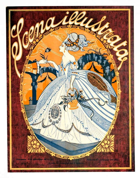 Scena Illustrata October 1932 Vintage Poster Reproduction: Ezio Anichini’s Rococo-Inspired Noblewoman in a Grand Gown with Art Nouveau Flourishes