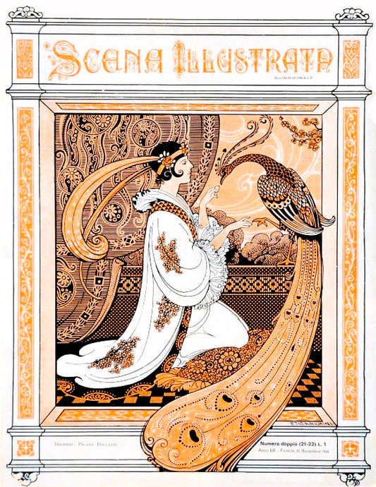 Scena Illustrata November 1914 Vintage Poster Reproduction: Ezio Anichini’s Art Nouveau Noblewoman with Majestic Peacock and Intricate Floral Motifs