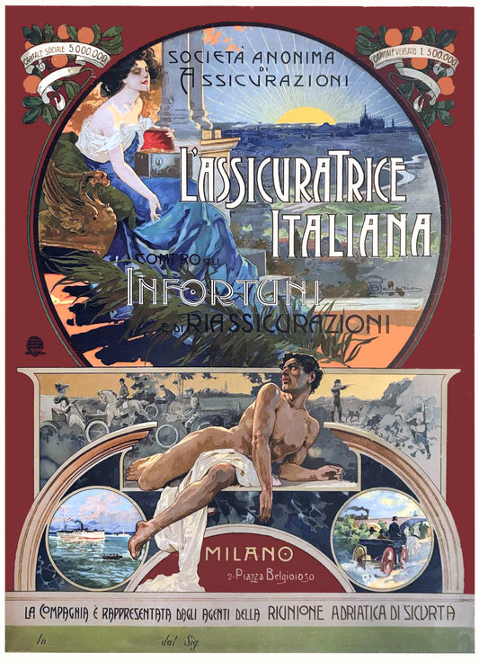 Vintage Italian Insurance Advertisement Poster Reproduction: L'Assicuratrice Italiana – Art Nouveau Masterpiece from Milan