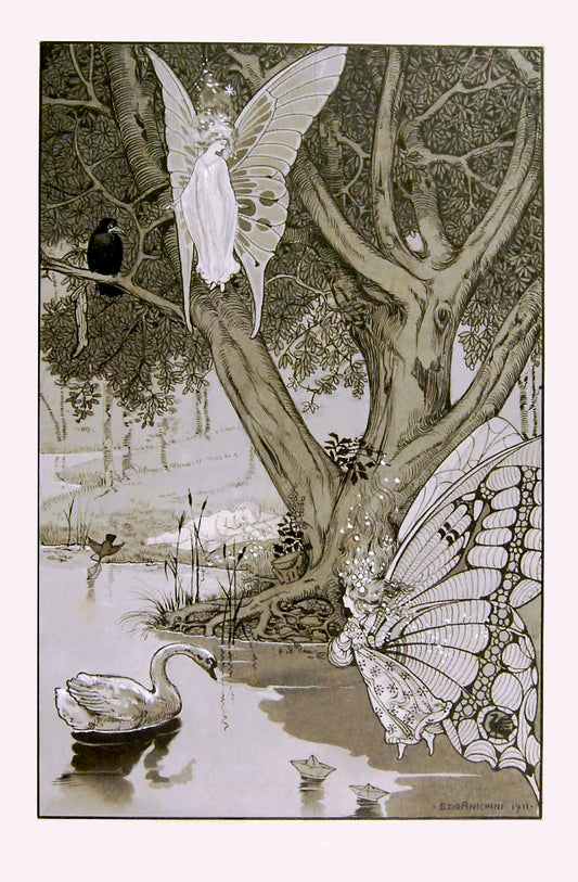 Scena Illustrata Vintage Poster Reproduction: Ezio Anichini’s 1911 Enchanting Woodland Fairies and Swan Scene with Art Nouveau Elegance