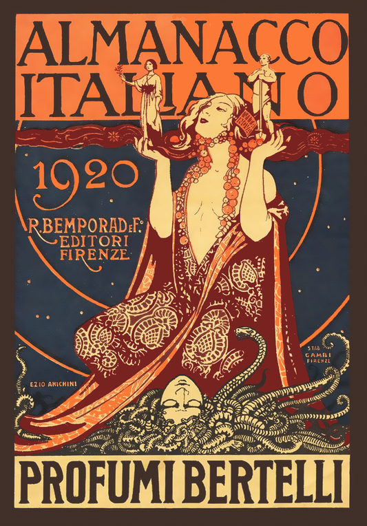 Almanacco Italiano 1920 Vintage Poster Reproduction: Ezio Anichini’s Art Nouveau Advertisement for Profumi Bertelli