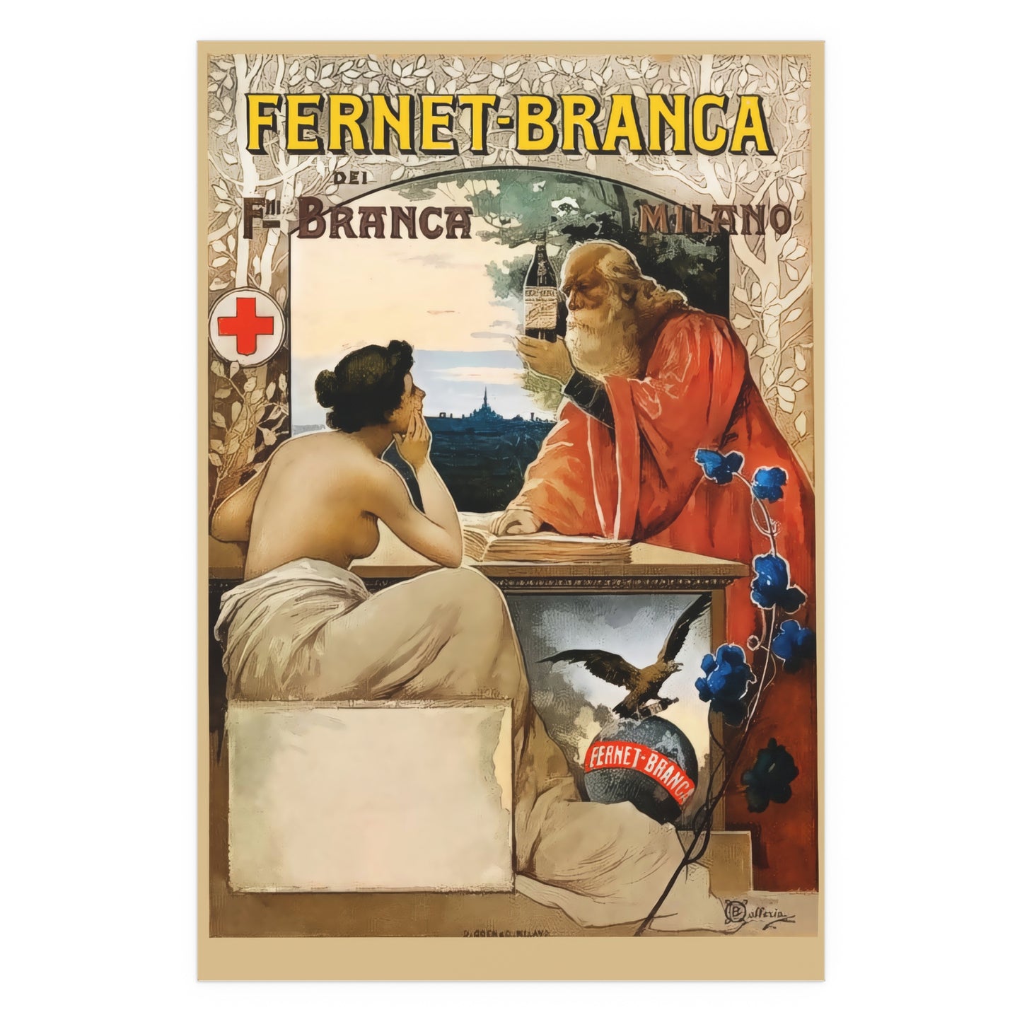 Exquisite Vintage Italian Fernet-Branca Poster Reproduction, Circa Early 1900s – A Stunning Art Nouveau Masterpiece Depicting Timeless Wisdom and Herbal Elixirs from Milan