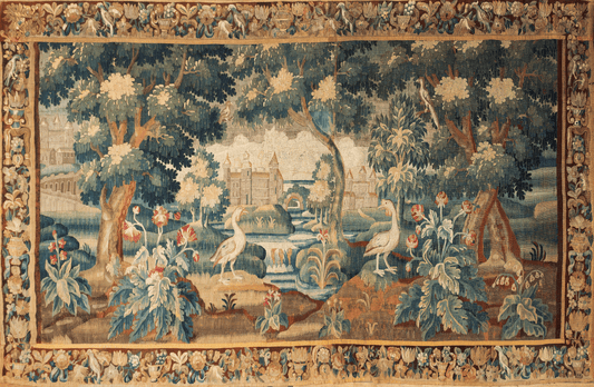 The image presents a detailed woven tapestry featuring a bucolic landscape alive with an array of flora and fauna. Majestic trees with thick foliage in varying shades of green frame a serene scene where elegant swans glide across a blue cascading river, foregrounded by lush flowering plants. In the distance, the tapestry reveals a quaint village with charming houses beside a waterfall, evoking a sense of peaceful rural life. 