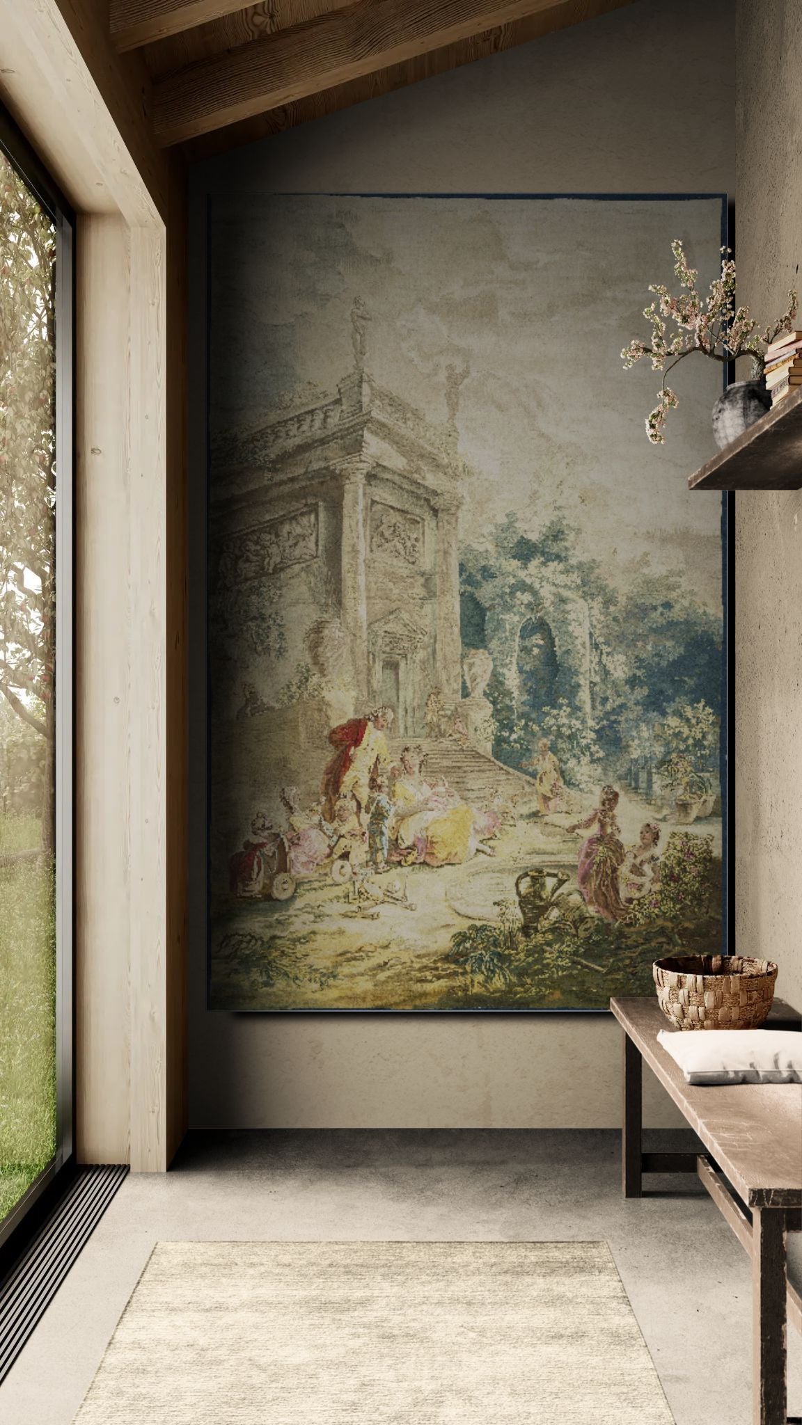 Rococo Pastoral Tapestry Reproduction – Aristocratic Garden Scene RE346958