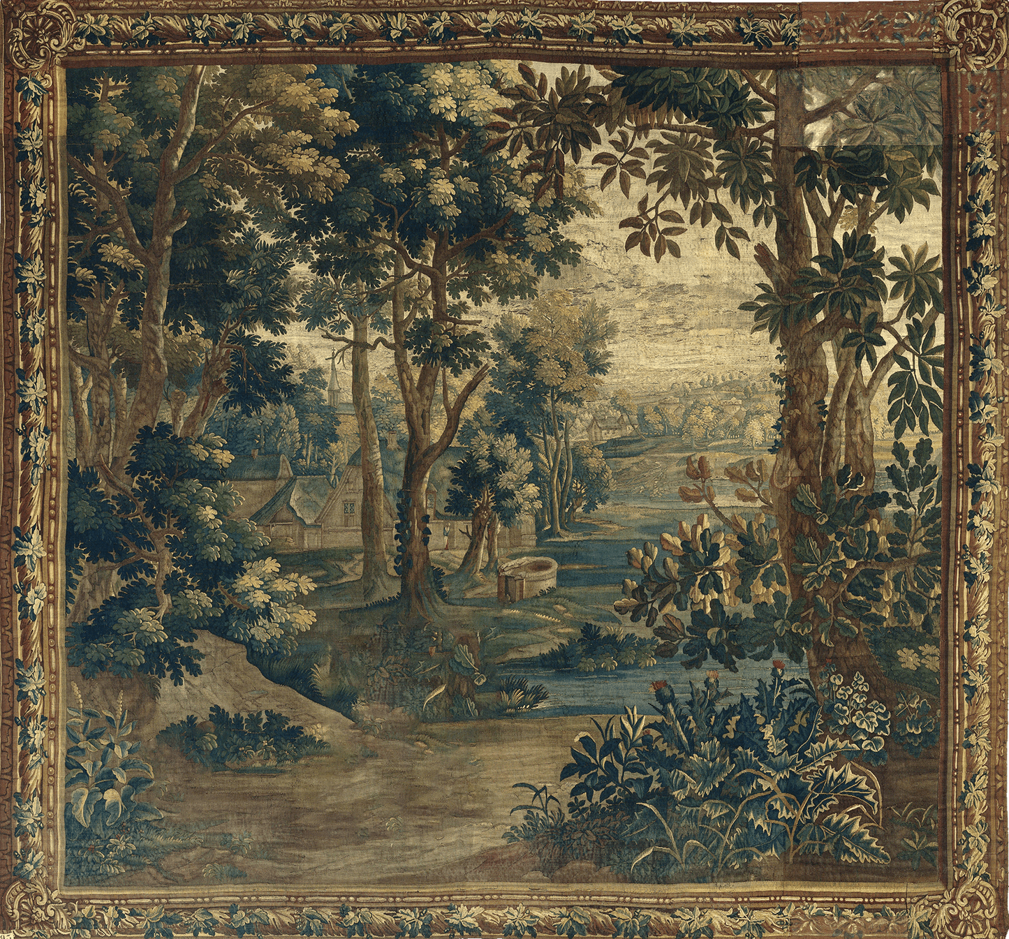 Serene Woodland Landscape with Cottage and Well: Verdure Tapestry in Lush Forest Scene, 17th Century Flemish Masterpiece RE534577