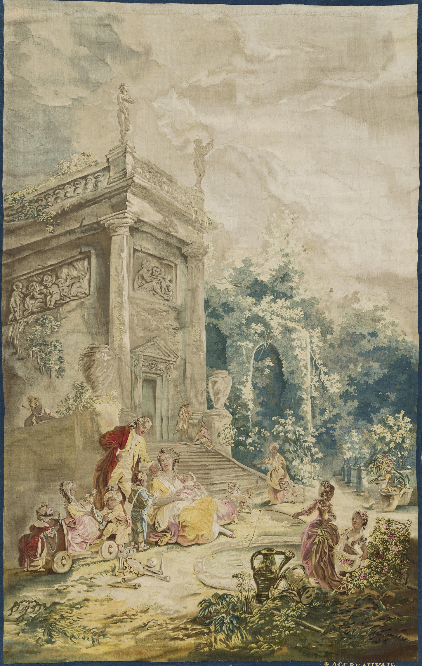 An 18th-century Rococo tapestry featuring an idyllic garden scene with aristocrats in flowing gowns, children playing with wooden toys, and a grand stone pavilion surrounded by lush greenery. Perfect for lovers of historic wall art and refined interior design