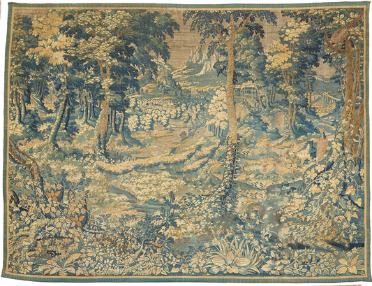 Pastoral Tranquille Forest Elegance: A Detailed Reproduction of a Late 17th Century Flemish Verdure Tapestry Featuring a Serene Forest Landscape with Pathways, Ruins, and Flourishing Flora RE123990