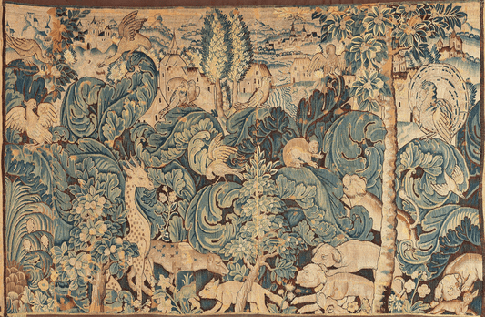 Verdant Wilderness: A Renaissance Verdure Tapestry Showcasing Mythical Creatures and Lush Landscapes Amidst a Bucolic Countryside, Circa 1500 RE665891