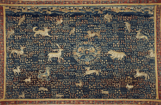 Pastoral Harmony: A Flemish Millefleurs Tapestry Featuring an Enchanting Array of Animals and Mythical Creatures Amidst a Rich Floral Background, Late 15th to Early 16th Century RE799366