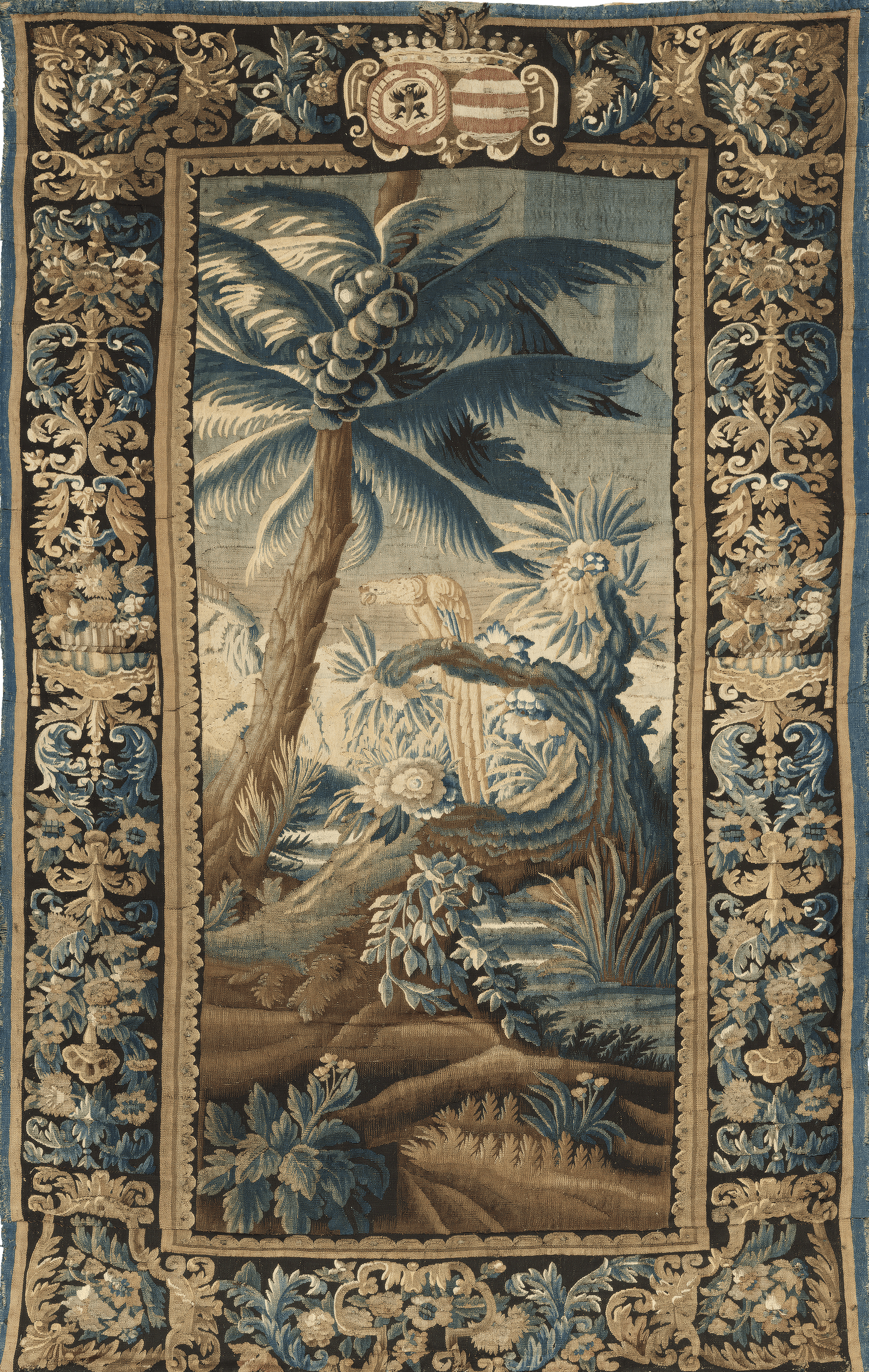 Exotic Verdure Tapestry with Heraldic Crest: 17th-Century Masterpiece of Nature and Nobility RE001825