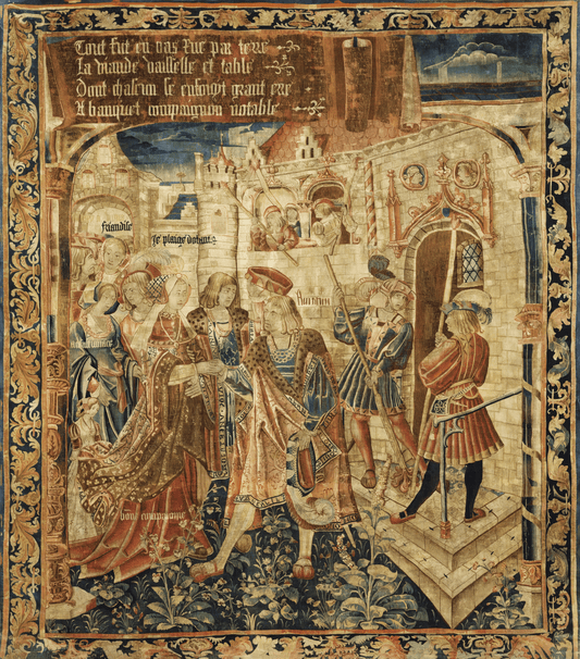 Medieval-style tapestry reproduction depicting a vibrant Gothic scene with elaborately dressed noble figures, medieval architecture, and intricate floral borders. The tapestry includes text in Old French, showcasing storytelling elements amidst rich details and vibrant colors