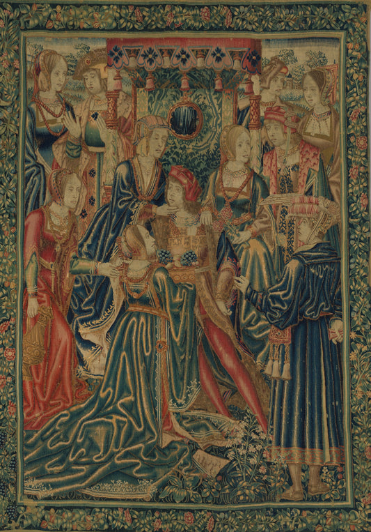 Originating from the South Netherlands between 1510 and 1525, this tapestry presents a compelling visual interpretation of two episodes from the Parable of the Prodigal Son, focusing on the period of his life spent in moral decay among harlots. This theme is a vivid illustration of vice and repentance, a common narrative in Renaissance art that aimed to offer moral lessons to its viewers.