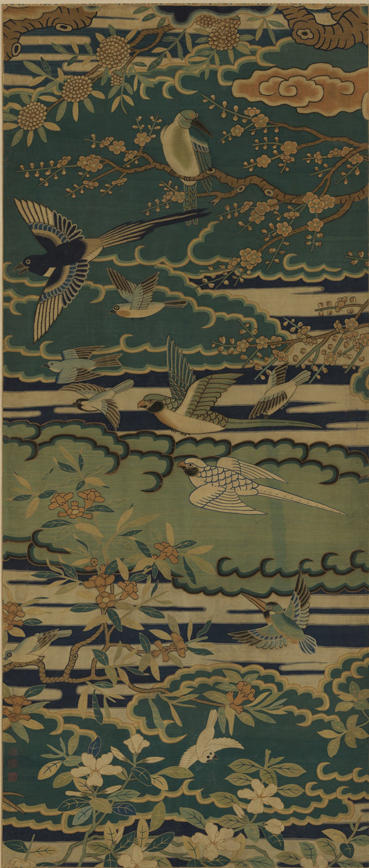 In this exuberant composition, various birds and plants are juxtaposed with cloud formations in colorful combinations. This tapestry was probably part of a larger decorative panel with hundreds of birds and a phoenix, a symbol of a group of loyal officials with a righteous ruler.