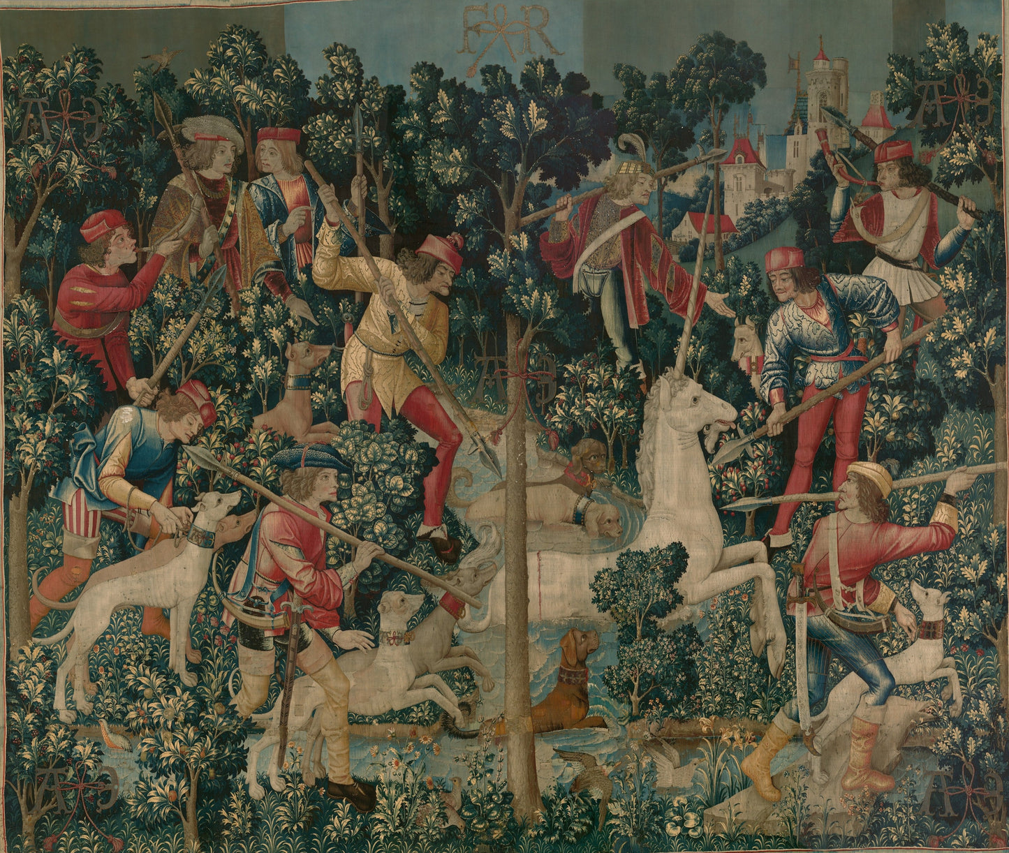 According to tradition, the unicorn cannot be disturbed while performing a magical act. The attack by the hunters thus presumably begins soon after the action depicted in The Unicorn Is Found, and the scene is one filled with chaos and commotion. The ferocity of the battle is conveyed by the converging lances aimed at the animal, the sounding of the hunting horns, and the menacing hounds. Already wounded on his back, the unicorn leaps across a stream in a desperate attempt to escape his encircling enemies.