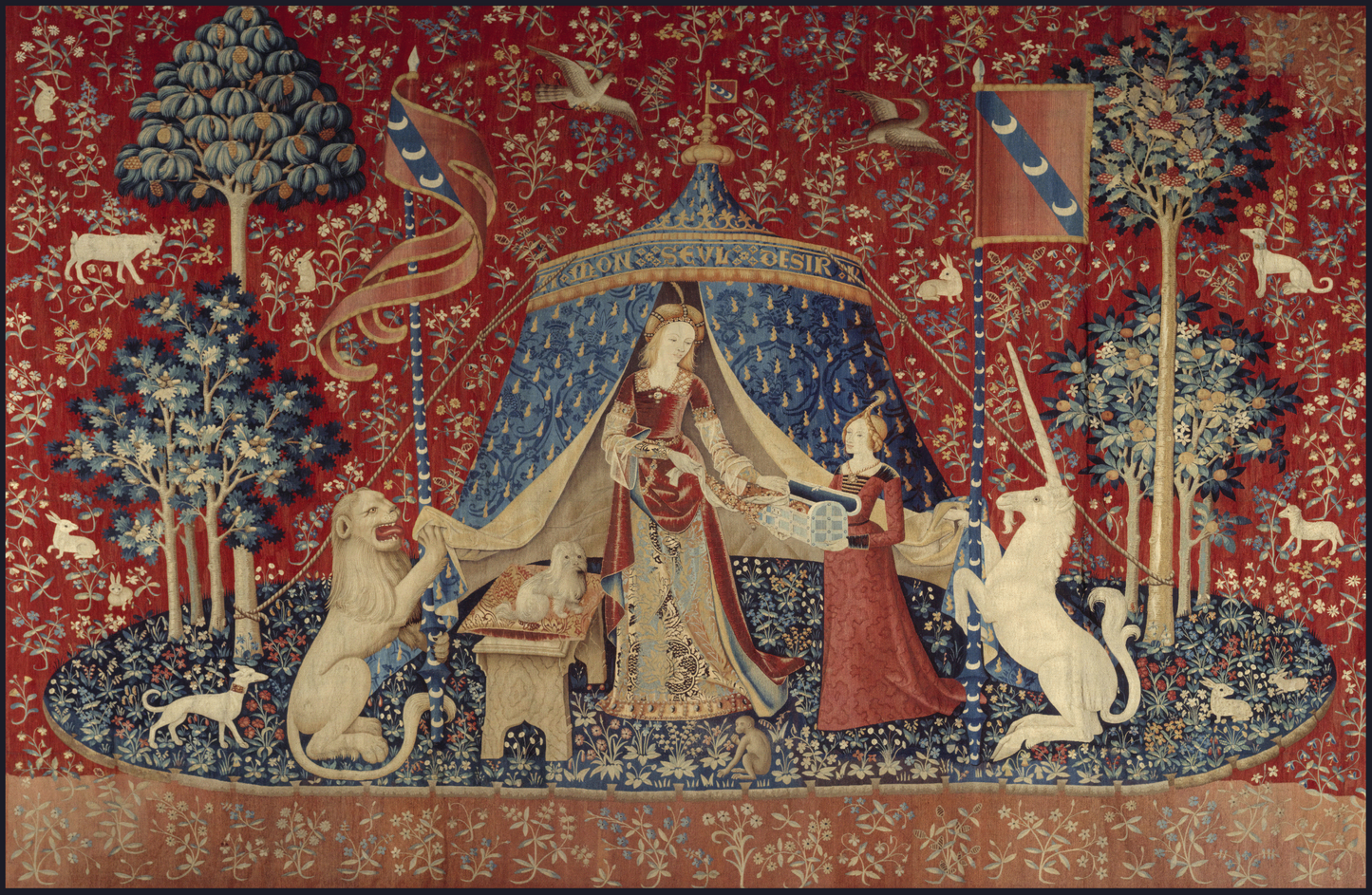 Medieval Tapestry Fabric Print of The Lady and the Unicorn La Dame à la licorne Mon Sol Desir "Desire" The Mona Lisa of the Middle Ages  as a pears on Harry Potter 