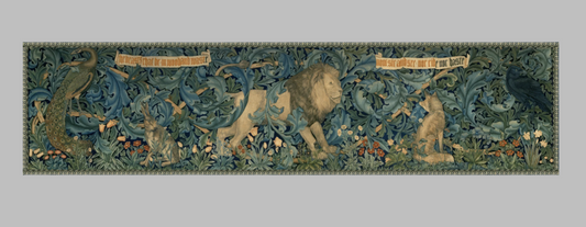 Exquisite tapestry featuring a lush, intricate design of a lion, peacock, hare, and raven amidst foliage, showcasing the artistic craftsmanship of the Arts and Crafts Movement. Ideal for those interested in historical textiles, medieval-inspired decor, and William Morris designs