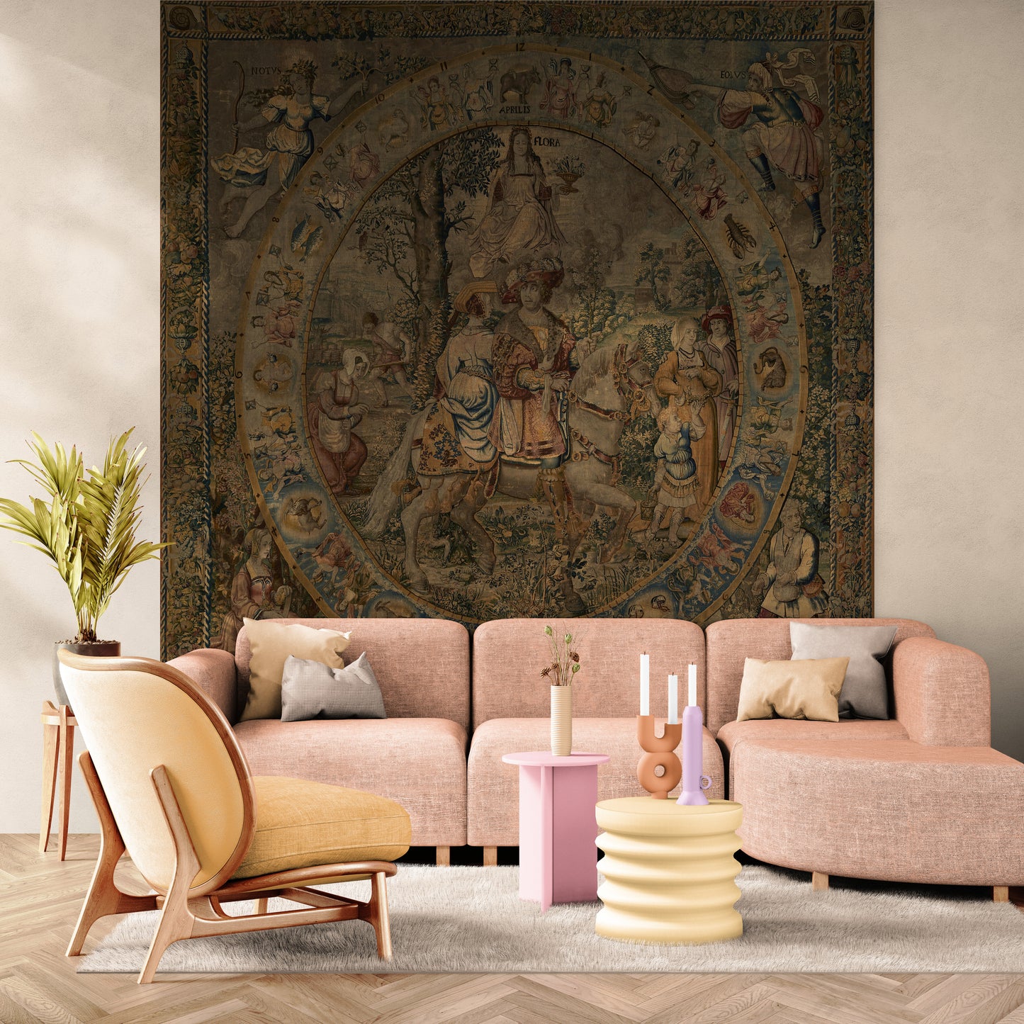 Renaissance ‘Spring’ Tapestry Reproduction – Flora, Zodiac, and Bucolic Elegance Woven Into Timeless Art RE460988