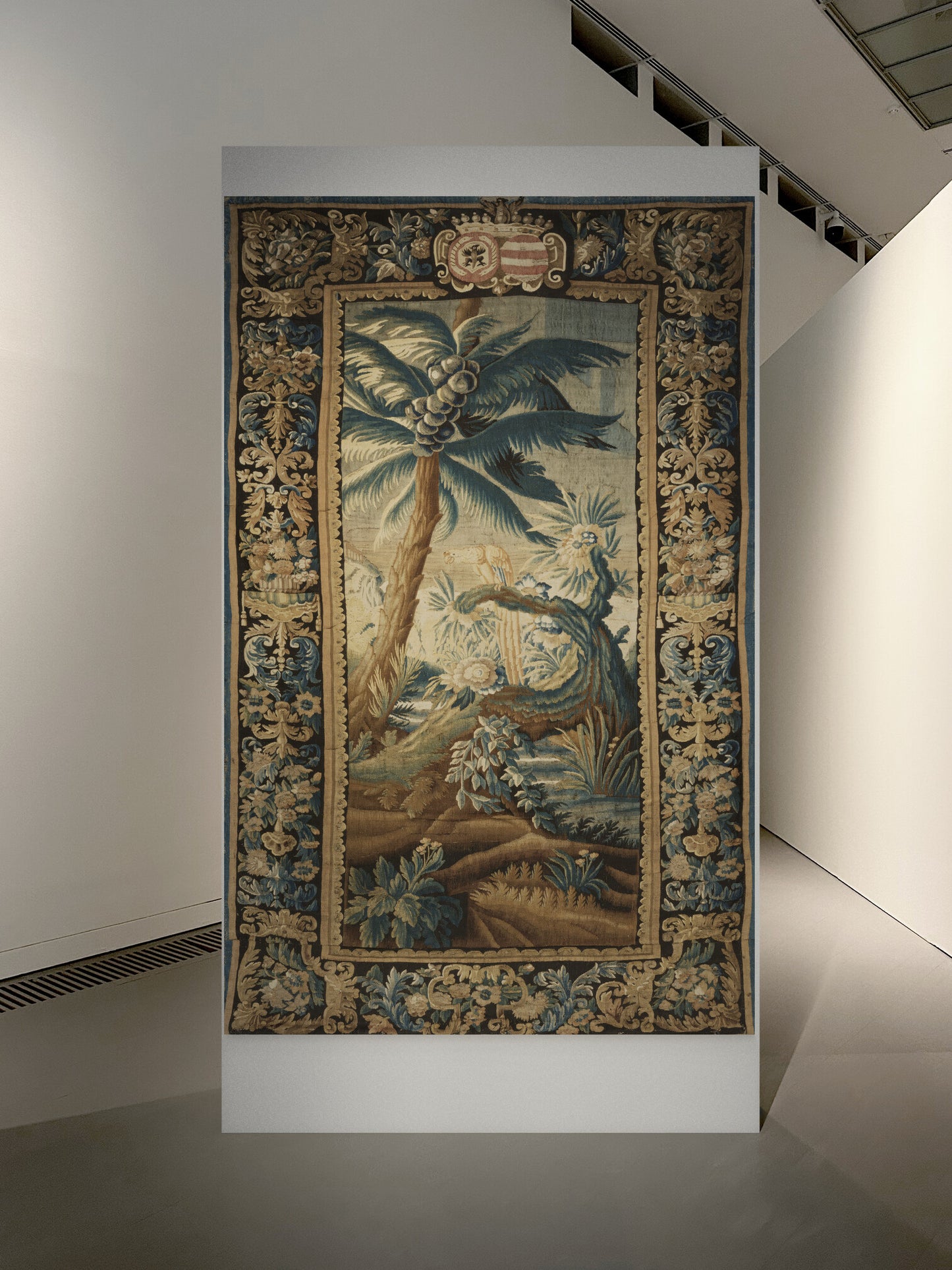 Exotic Verdure Tapestry with Heraldic Crest: 17th-Century Masterpiece of Nature and Nobility RE001825