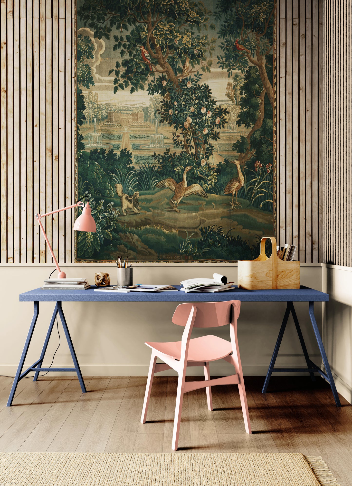 Verdure with Château and Garden: A Lush Wall Tapestry Fabric Print and Woven Option RE910029