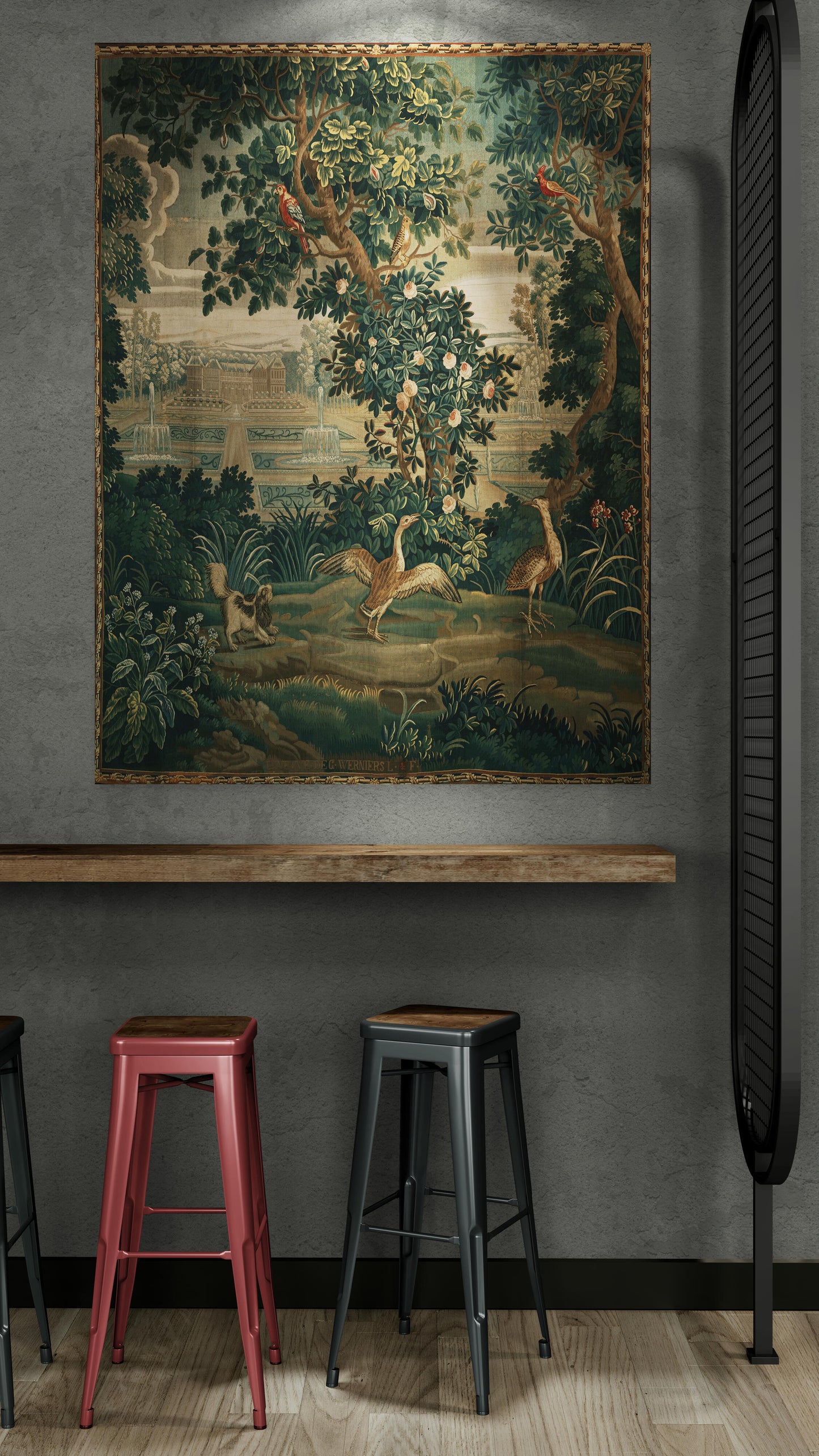 Verdure with Château and Garden: A Lush Wall Tapestry Fabric Print and Woven Option RE910029