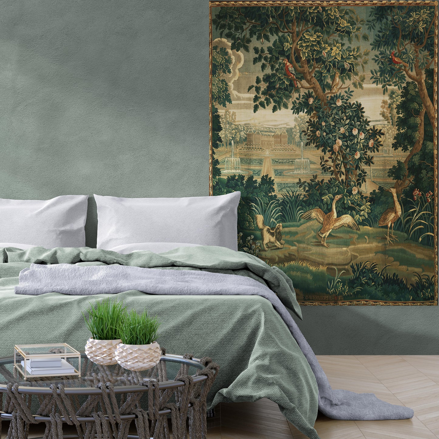 Verdure with Château and Garden: A Lush Wall Tapestry Fabric Print and Woven Option RE910029