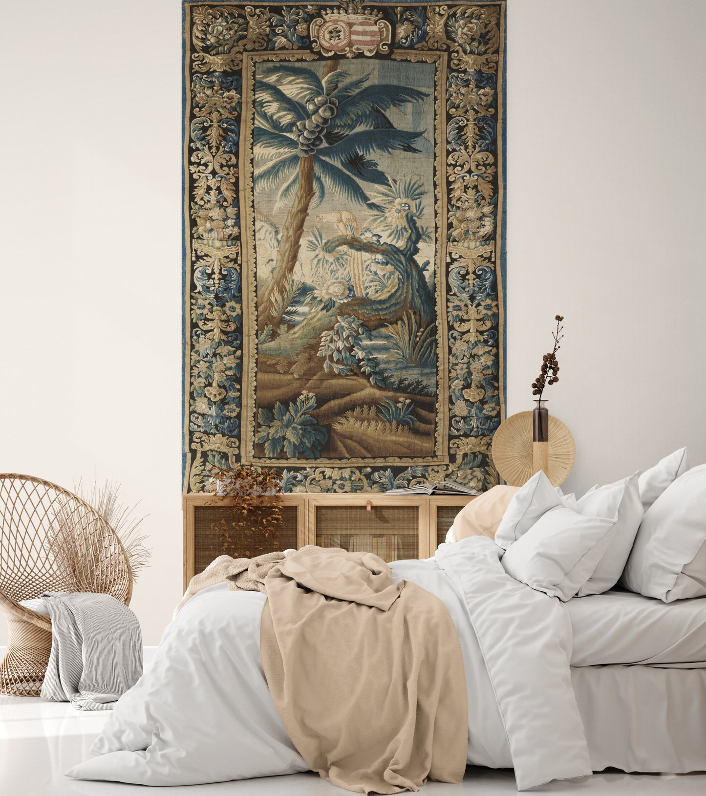 Exotic Verdure Tapestry with Heraldic Crest: 17th-Century Masterpiece of Nature and Nobility RE001825