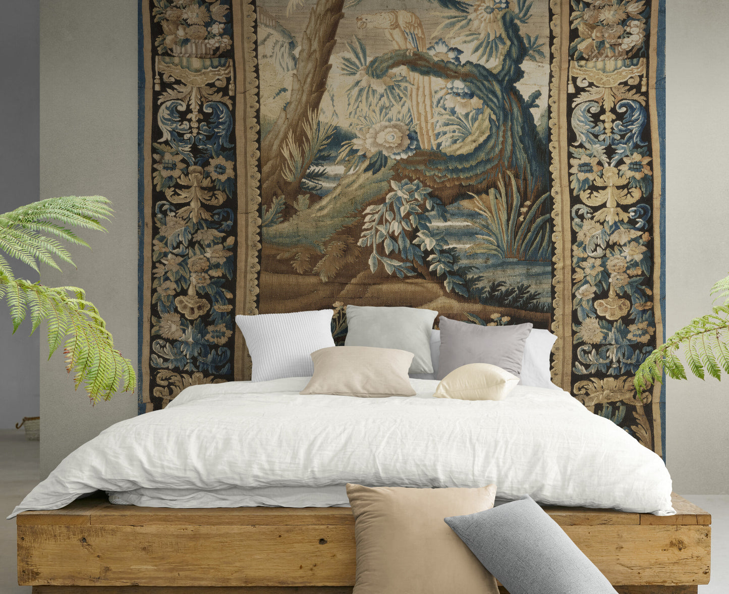 Exotic Verdure Tapestry with Heraldic Crest: 17th-Century Masterpiece of Nature and Nobility RE001825