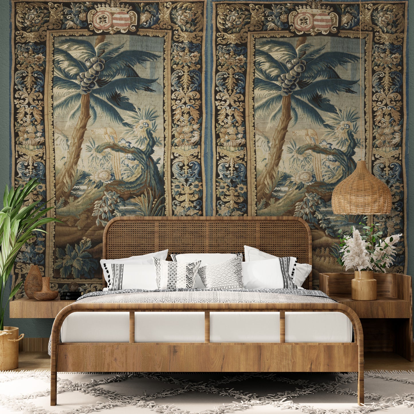 Exotic Verdure Tapestry with Heraldic Crest: 17th-Century Masterpiece of Nature and Nobility RE001825