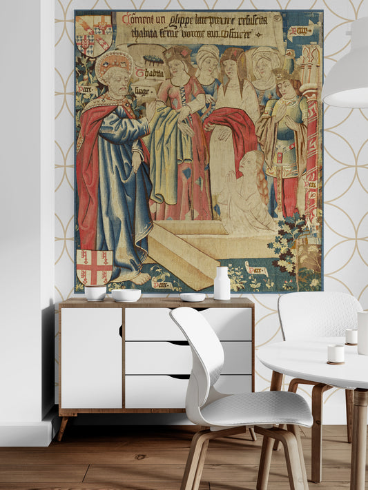 Medieval Narrative Tapestry Fabric Print: Ecclesiastical Scene The Raising of Tabitha 1460 RE049126