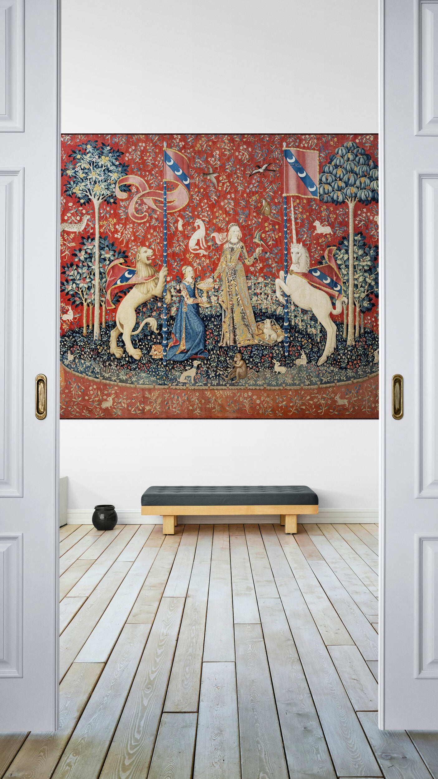 A True Renaissances: Medieval Tapestry Reproduction Fabric Print or Woven Tapestry Option  Lady and the Unicorn "Taste" RE623687
