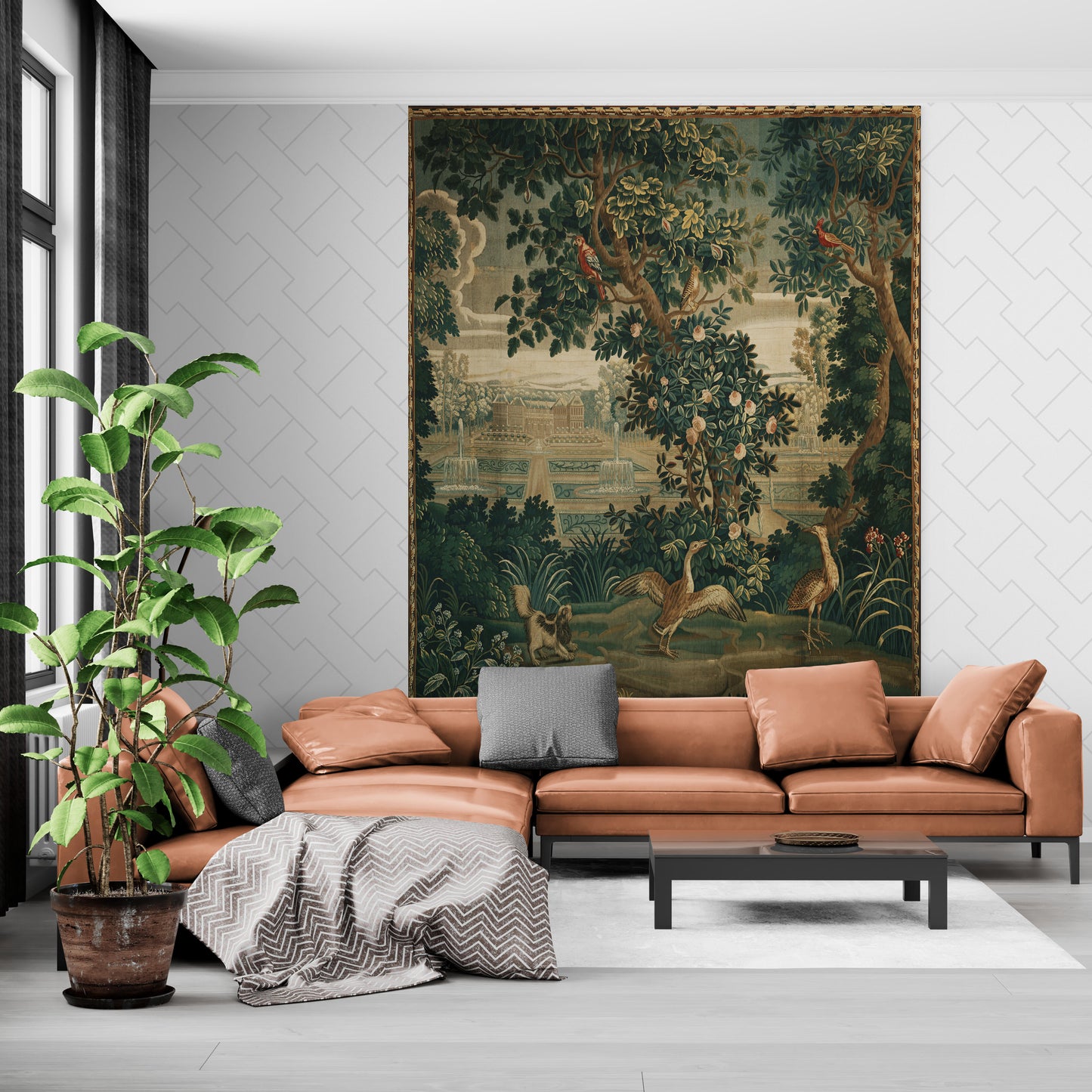 Verdure with Château and Garden: A Lush Wall Tapestry Fabric Print and Woven Option RE910029