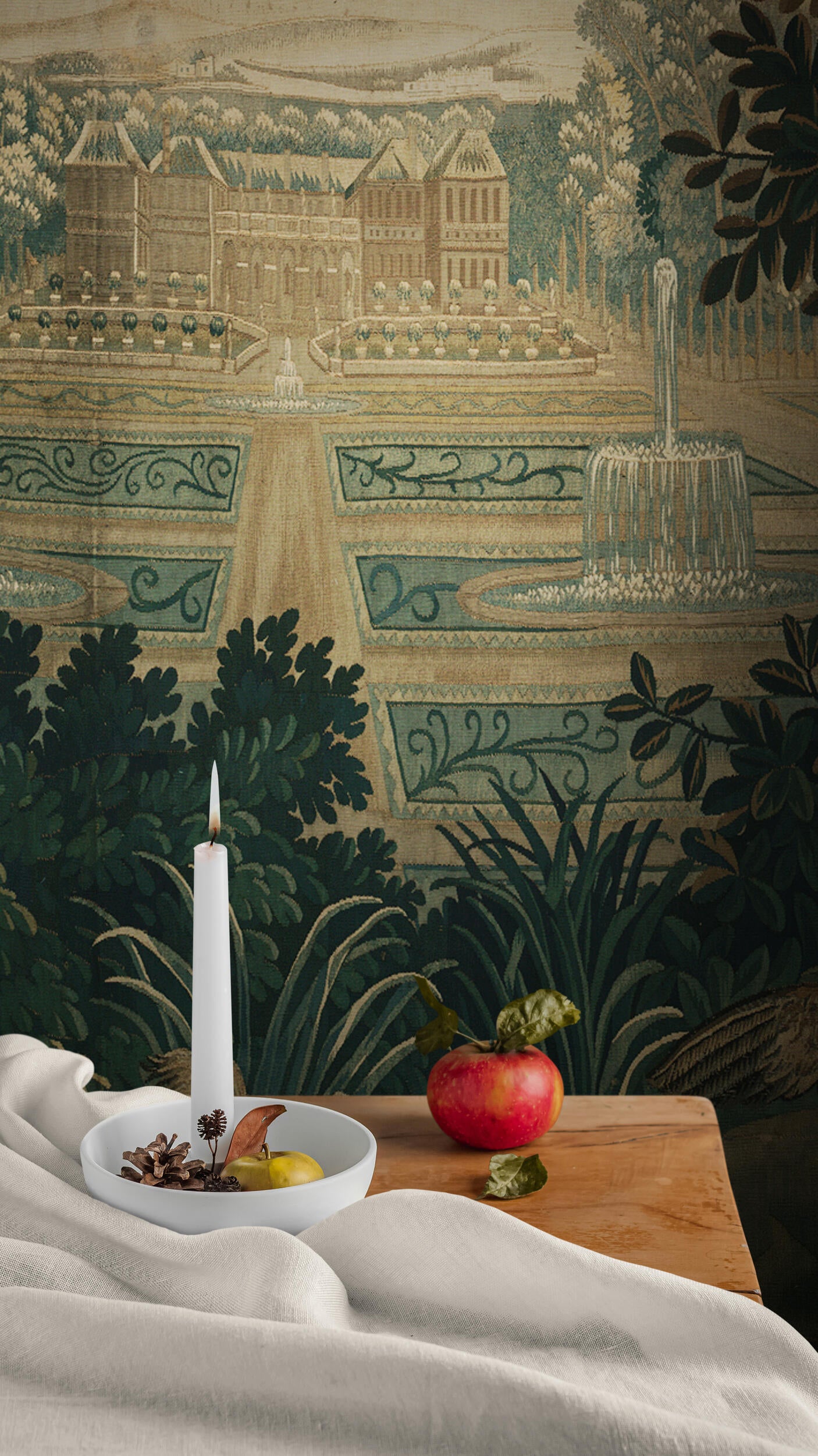 Verdure with Château and Garden: A Lush Wall Tapestry Fabric Print and Woven Option RE910029